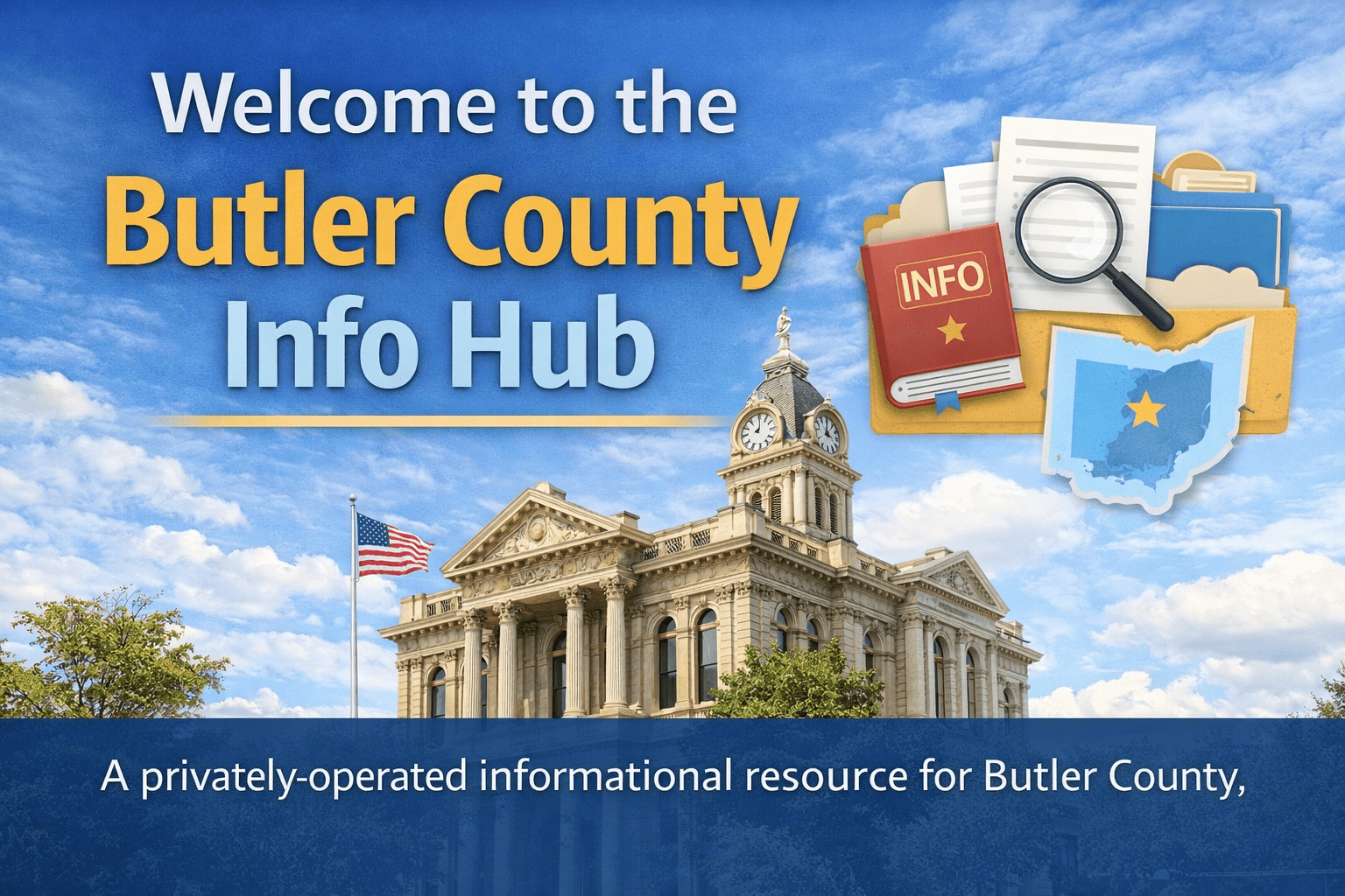 Welcome to the Butler County Info Hub sign with courthouse in background, educational icons, and public records imagery for Ohio residents