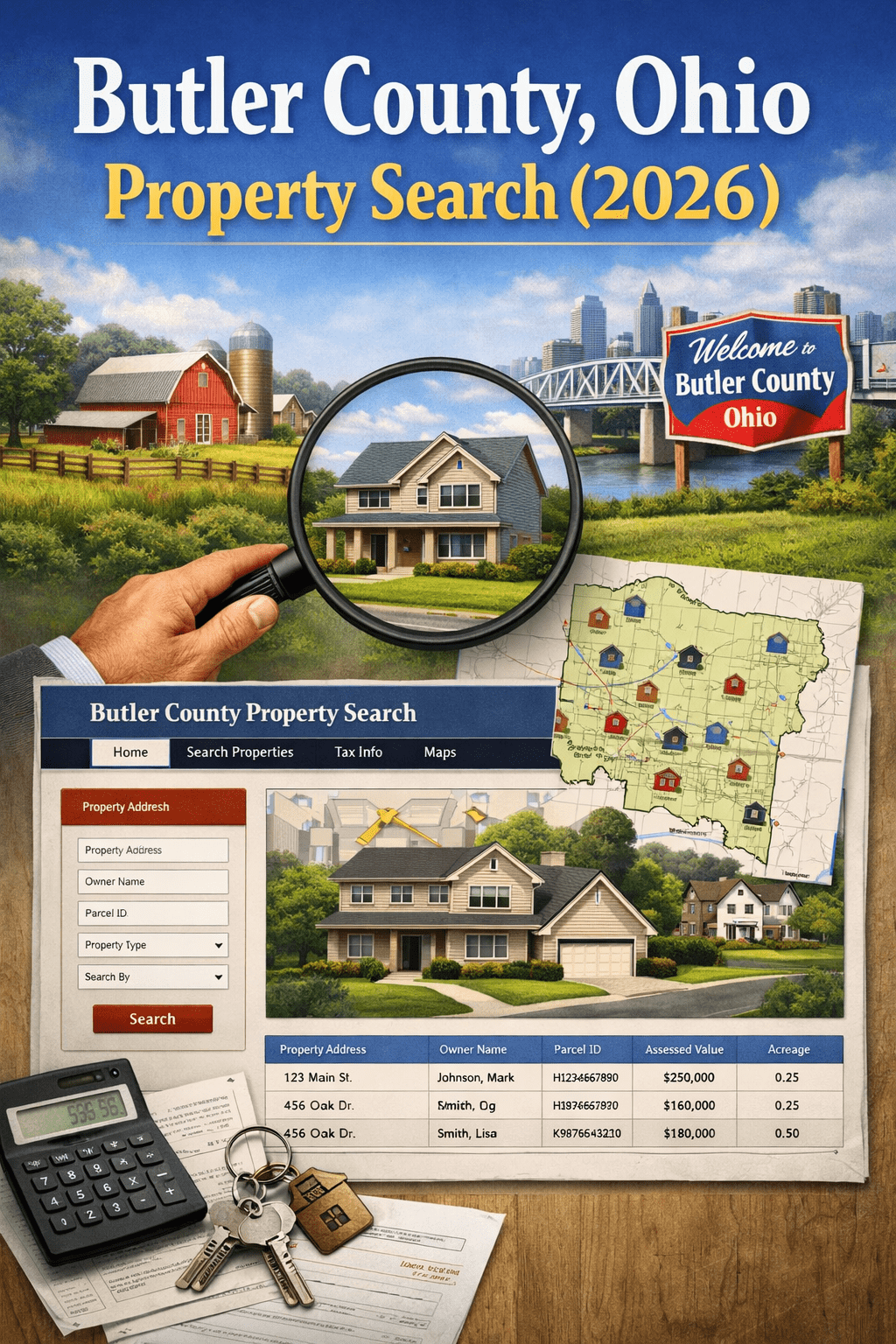 Butler County Ohio Property Search 2026 interface showing property records, tax information, parcel ID search, and real estate listings with map and residential homes.