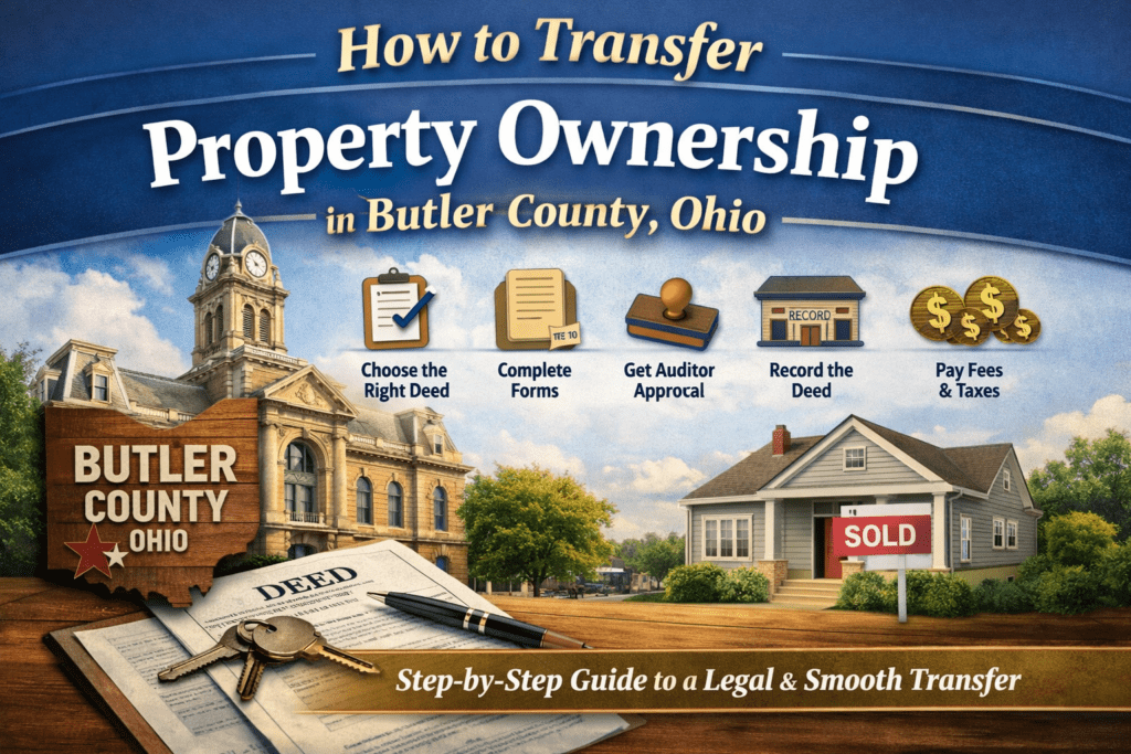 Infographic showing how to transfer property ownership in Butler County Ohio including deed selection, DTE forms, Auditor approval, recording process, and transfer fees.