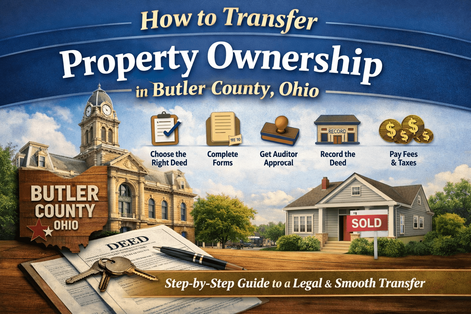 Infographic showing how to transfer property ownership in Butler County Ohio including deed selection, DTE forms, Auditor approval, recording process, and transfer fees.