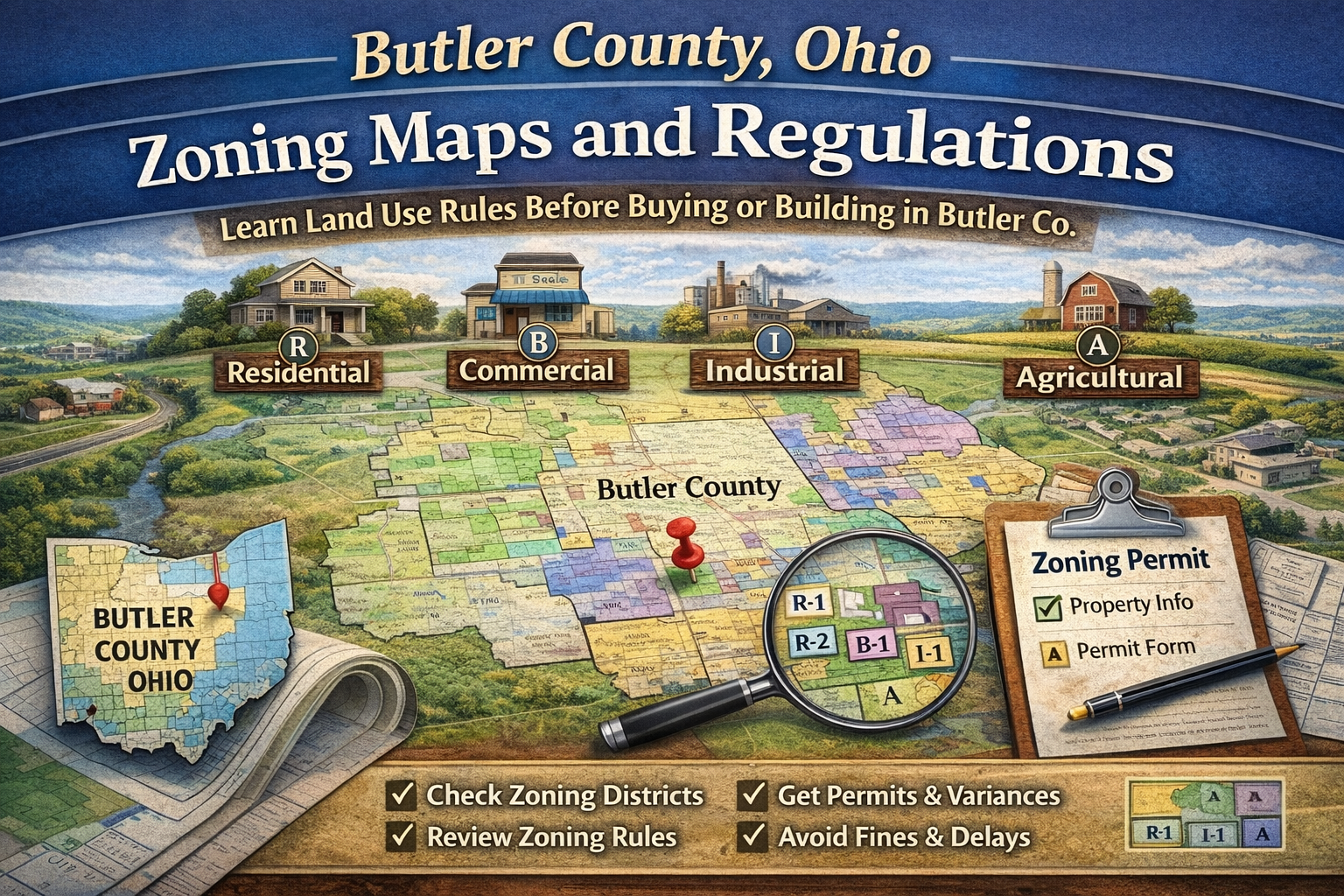 Butler County Ohio zoning map infographic showing residential, commercial, industrial, and agricultural zoning districts with permit and variance information.