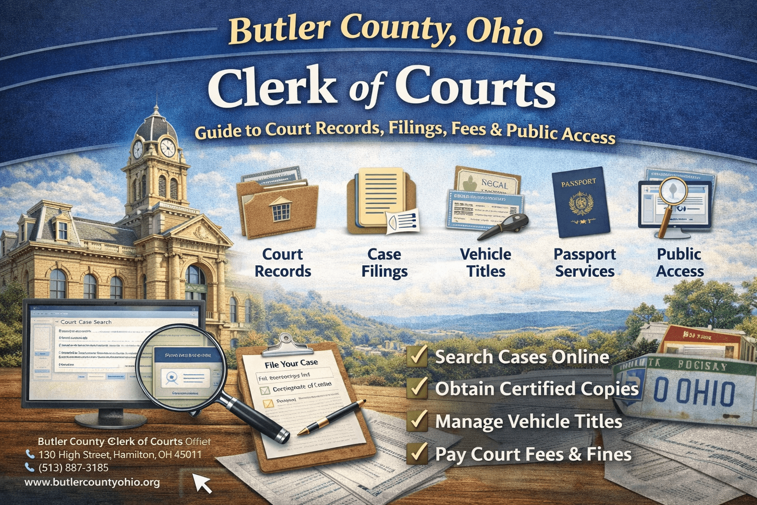 Butler County Ohio Clerk of Courts infographic showing court record management, case filing, vehicle titles, passport services, and public access.