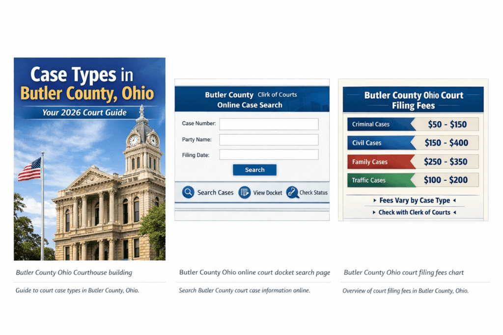 Butler County Ohio Courthouse building for court case types, filing process, fees and docket search guide