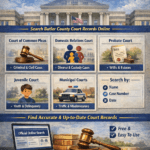 Butler County Court Docket Search Ohio infographic showing Common Pleas, Domestic Relations, Probate, Juvenile and Municipal court case lookup options with online search access at www.ButlerCountyAuditor.online