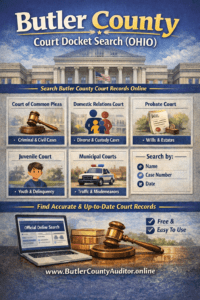 Butler County Court Docket Search Ohio infographic showing Common Pleas, Domestic Relations, Probate, Juvenile and Municipal court case lookup options with online search access at www.ButlerCountyAuditor.online