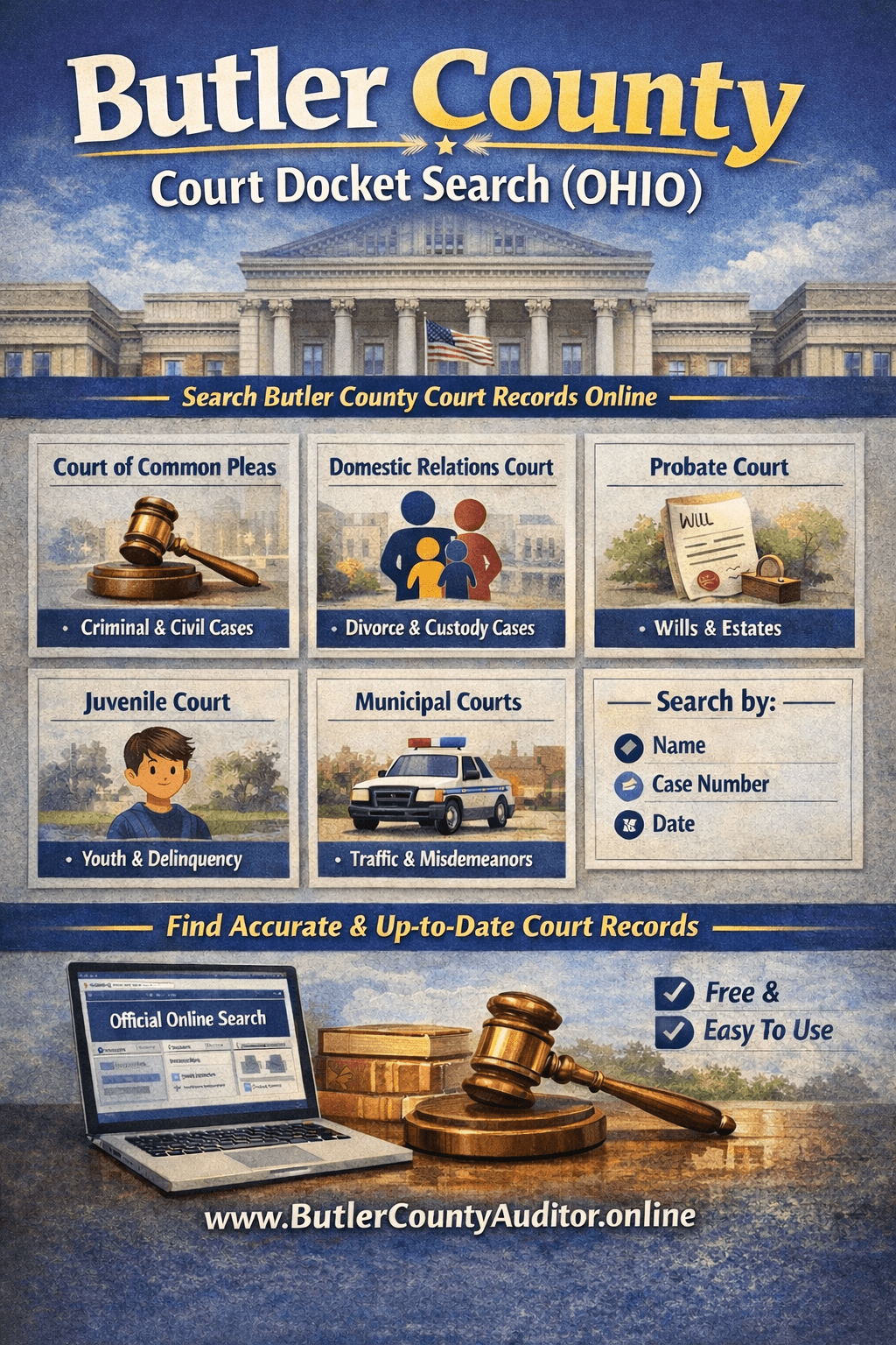 Butler County Court Docket Search Ohio infographic showing Common Pleas, Domestic Relations, Probate, Juvenile and Municipal court case lookup options with online search access at www.ButlerCountyAuditor.online