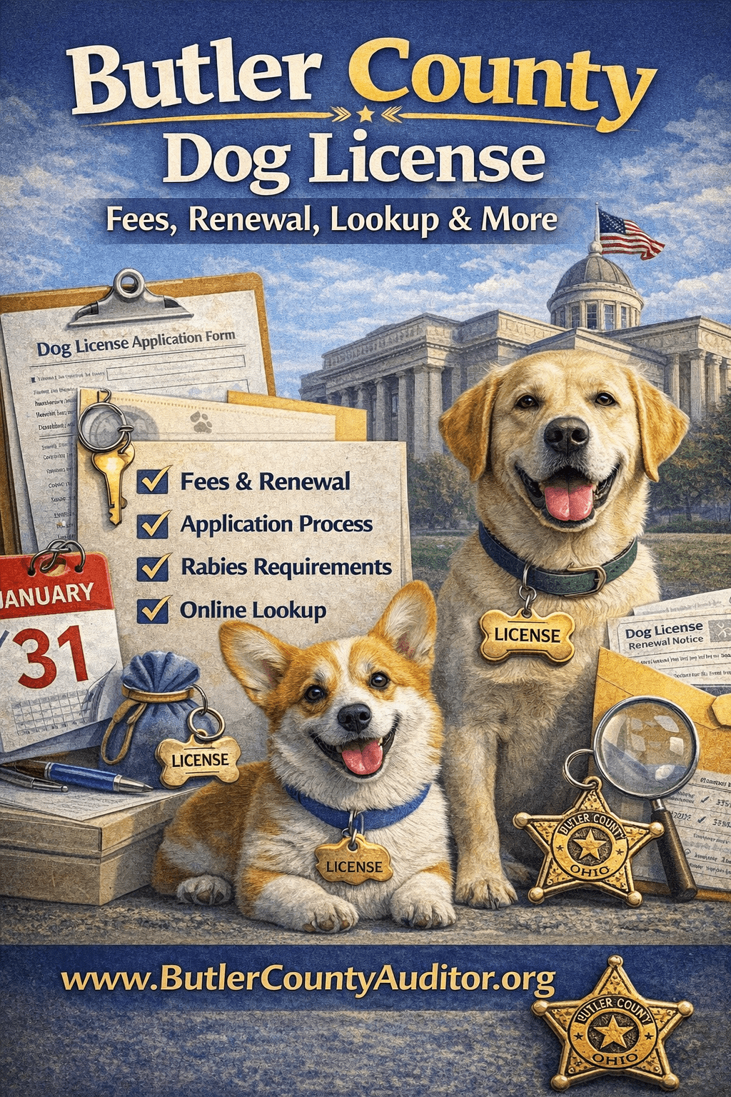 Butler County Dog License infographic showing fees, renewal deadline January 31, application form, rabies requirements and online lookup