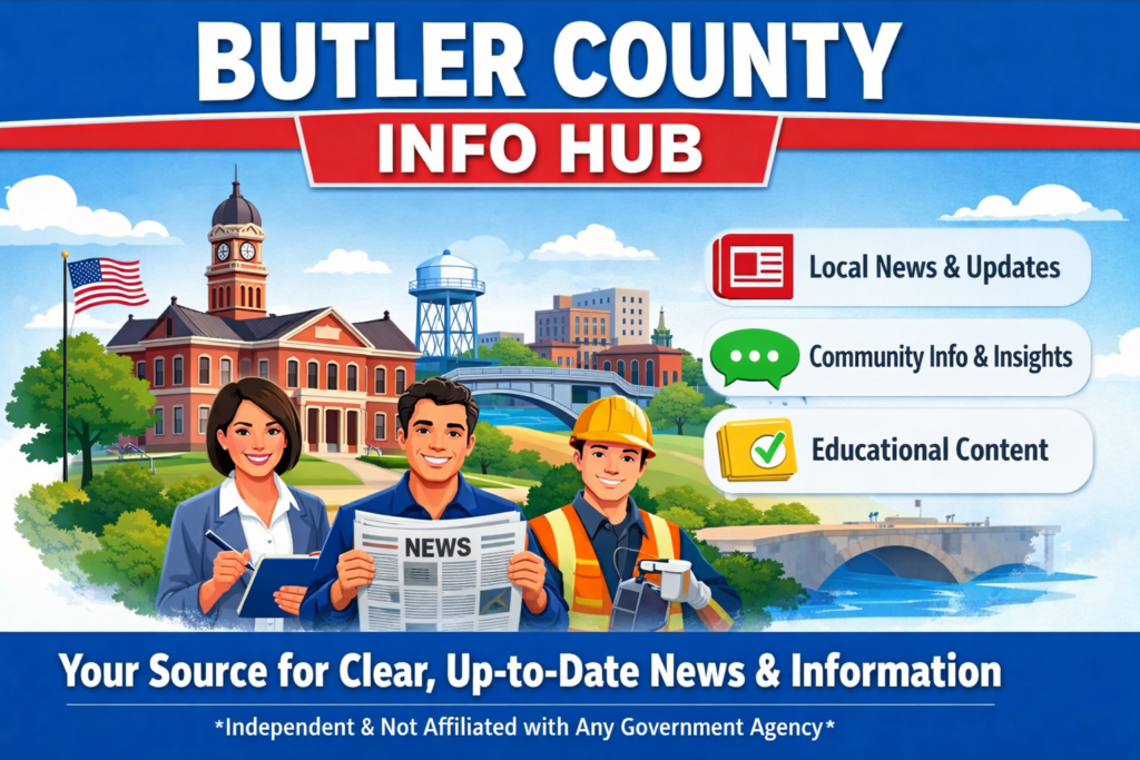 A modern, friendly banner for Butler County Info Hub showing a small county map outline, news and community icons, with the text 'Butler County Info Hub - Local News & Community Updates'.