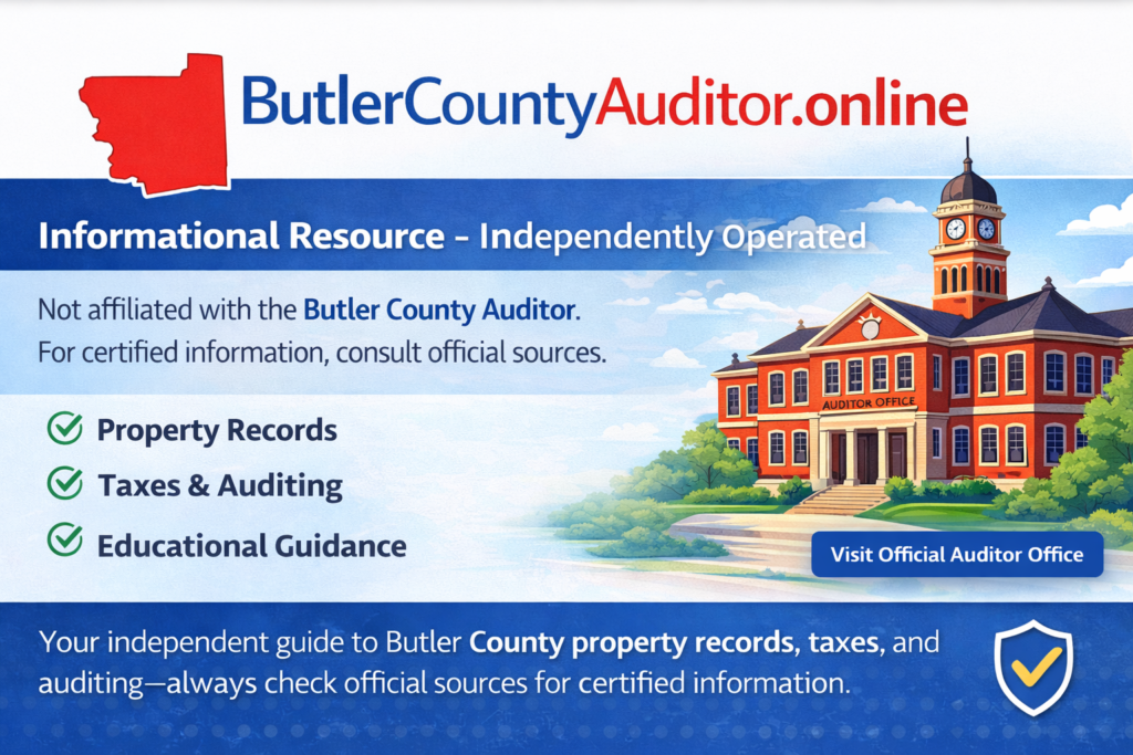 Digital banner for ButlerCountyAuditor.online showing a red outline of Butler County, Ohio, with an illustration of the Auditor’s Office, highlighting property records, taxes, and educational guidance.