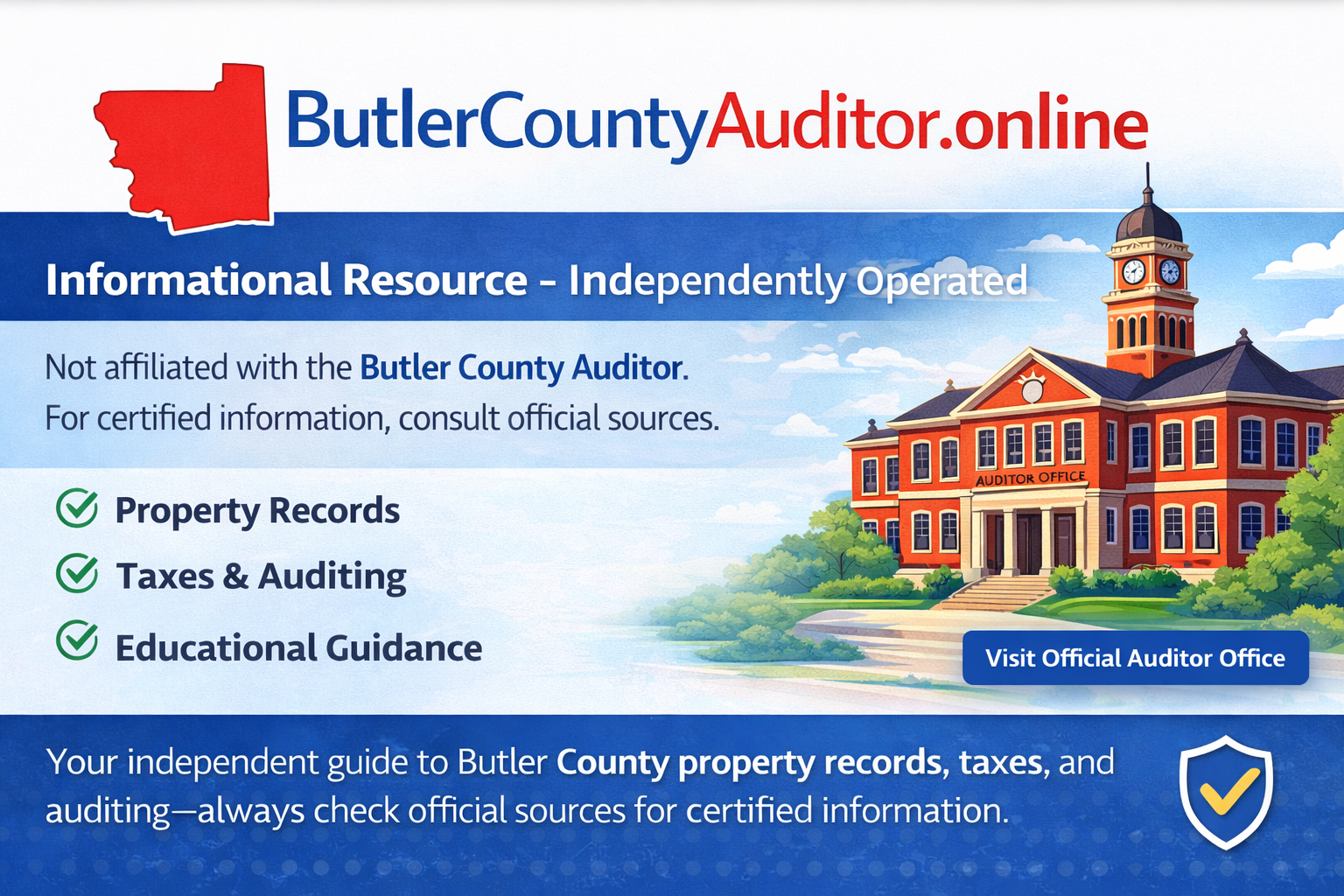 Digital banner for ButlerCountyAuditor.online showing a red outline of Butler County, Ohio, with an illustration of the Auditor’s Office, highlighting property records, taxes, and educational guidance.