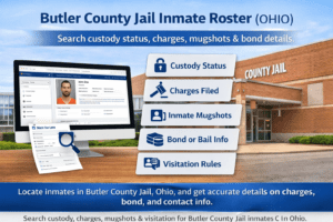 Butler County Jail inmate roster guide showing custody status, charges, mugshots, bond details, and visitation information in Ohio.