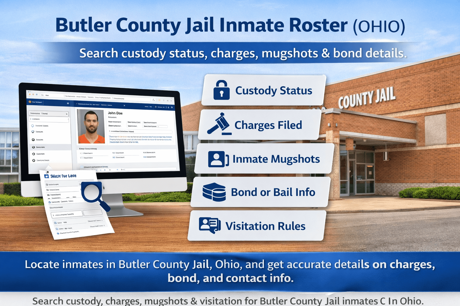 Butler County Jail inmate roster guide showing custody status, charges, mugshots, bond details, and visitation information in Ohio.