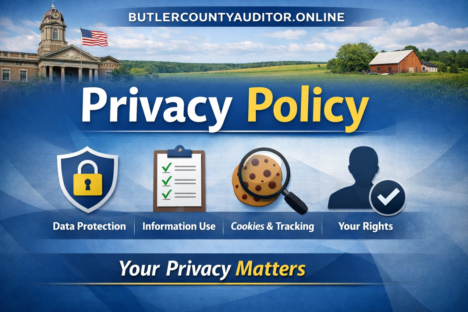 Privacy Policy banner for ButlerCountyAuditor.online featuring courthouse, data protection icons, cookies tracking symbol, and user rights illustration.