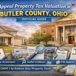 Infographic showing the Butler County property tax appeal process, including steps to review assessment, gather evidence, file DTE Form 1, attend the Board of Revision hearing, and reduce property taxes.