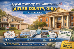 Infographic showing the Butler County property tax appeal process, including steps to review assessment, gather evidence, file DTE Form 1, attend the Board of Revision hearing, and reduce property taxes.