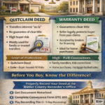 Infographic comparing Quitclaim Deed and Warranty Deed in Butler County, Ohio, showing risks, protection levels, common uses, and Butler County Recorder’s Office recording steps.