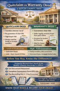 Infographic comparing Quitclaim Deed and Warranty Deed in Butler County, Ohio, showing risks, protection levels, common uses, and Butler County Recorder’s Office recording steps.