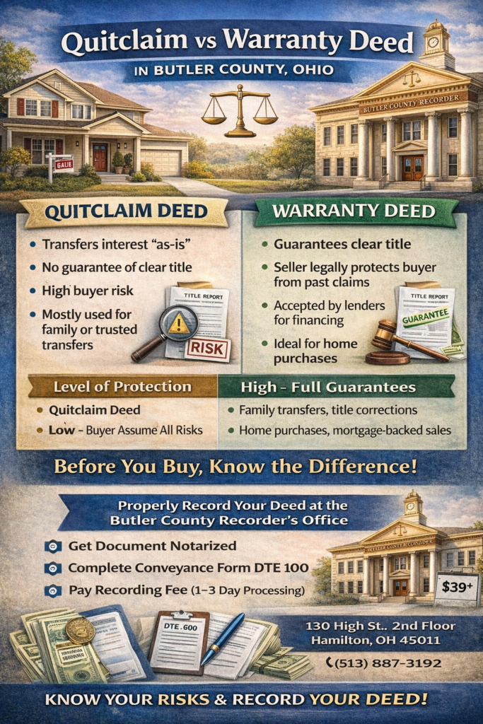 Infographic comparing Quitclaim Deed and Warranty Deed in Butler County, Ohio, showing risks, protection levels, common uses, and Butler County Recorder’s Office recording steps.