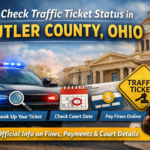 Traffic ticket status lookup guide for Butler County, Ohio showing police car, courthouse, calendar, and online payment options.