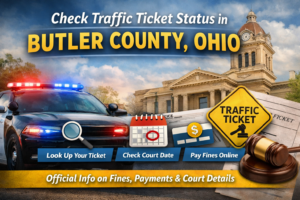 Traffic ticket status lookup guide for Butler County, Ohio showing police car, courthouse, calendar, and online payment options.