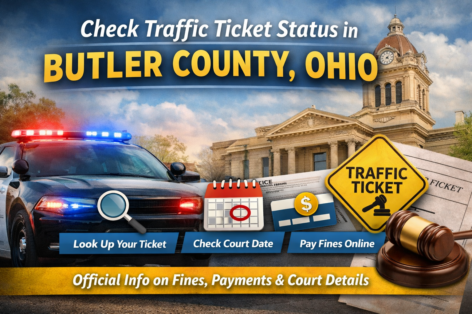 Traffic ticket status lookup guide for Butler County, Ohio showing police car, courthouse, calendar, and online payment options.