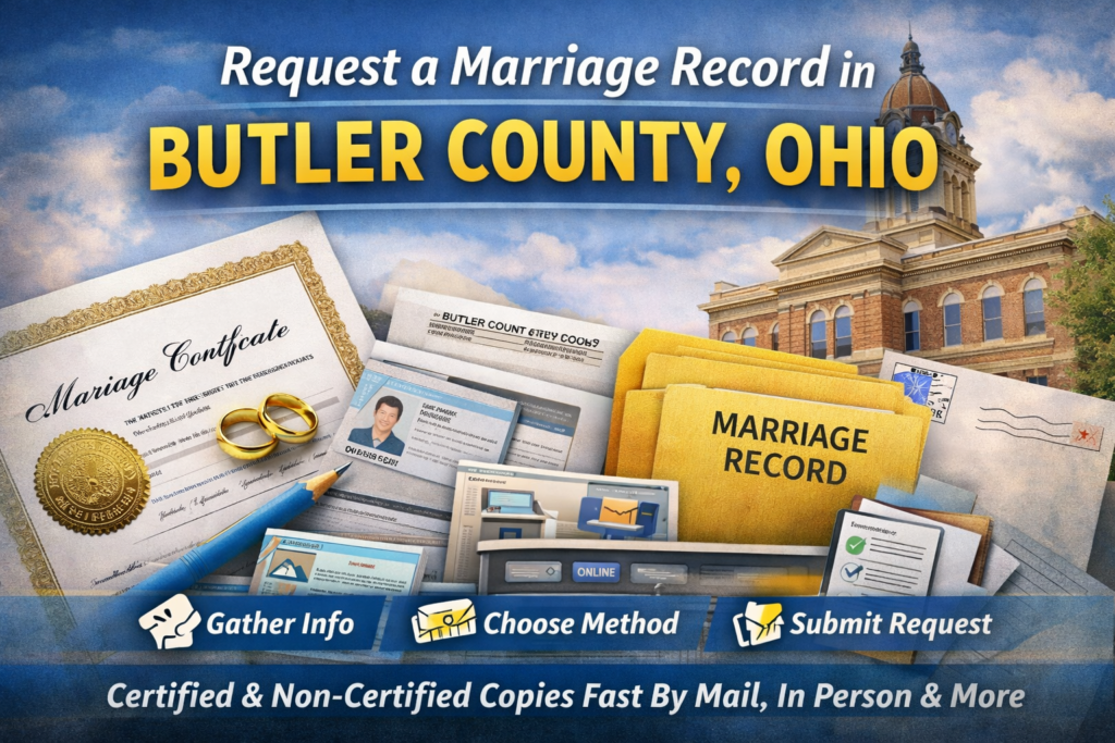 Infographic showing how to request a marriage record in Butler County, Ohio, including certified copies, mail requests, and Probate Court information.