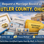 Infographic showing how to request a marriage record in Butler County, Ohio, including certified copies, mail requests, and Probate Court information.