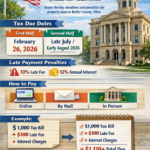 Butler County Ohio Property Tax Due Dates and Penalties 2026 infographic showing February 26 first half deadline, late July second half deadline, 10% late fee and 12% annual interest.