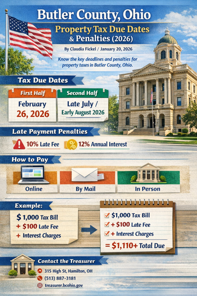 Butler County Ohio Property Tax Due Dates and Penalties 2026 infographic showing February 26 first half deadline, late July second half deadline, 10% late fee and 12% annual interest.