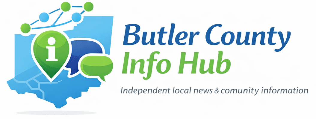 Butler County Info Hub logo featuring a blue county map silhouette with a green location pin, network nodes, and the tagline “Independent local news & community information.”