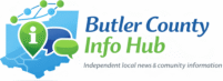 Butler County Info Hub logo featuring a blue county map silhouette with a green location pin, network nodes, and the tagline “Independent local news & community information.”