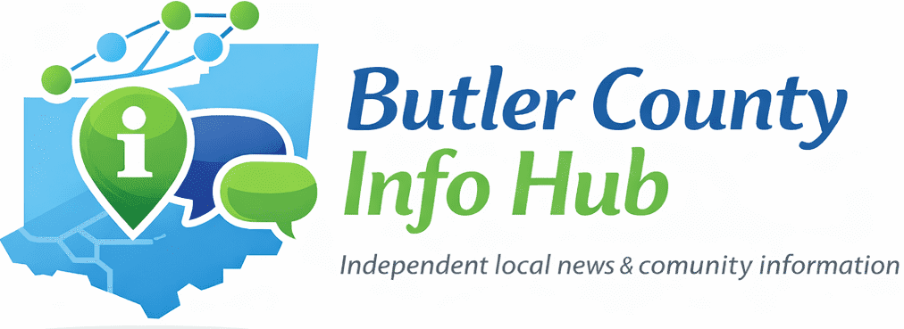 Butler County Info Hub logo featuring a blue county map silhouette with a green location pin, network nodes, and the tagline “Independent local news & community information.”