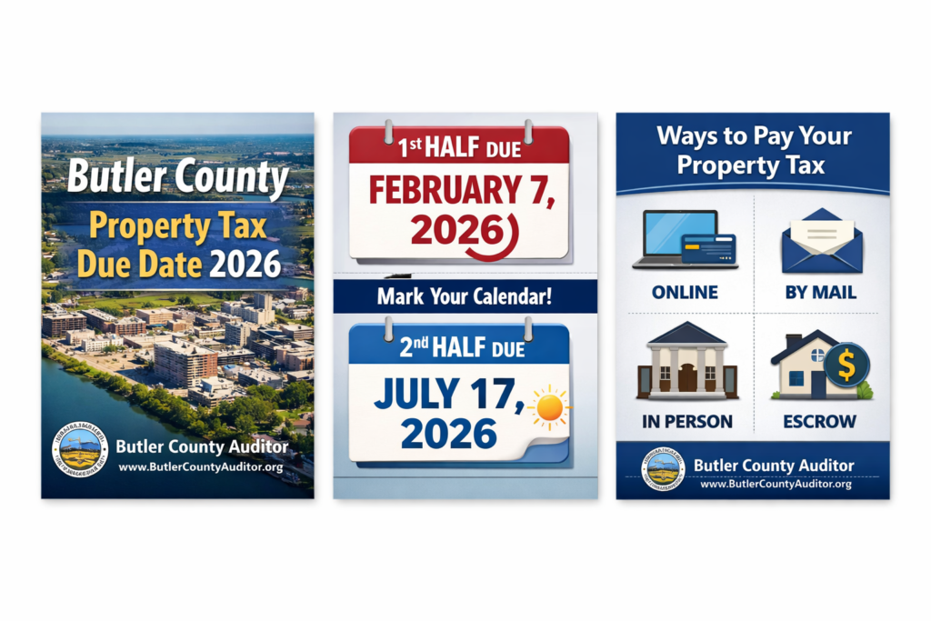 Official Butler County Ohio property tax due date 2026 and real estate tax bill search guide.