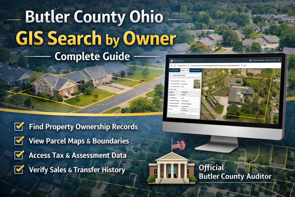 Butler County Auditor Property Search by owner interface showing GIS maps and real estate tax records.