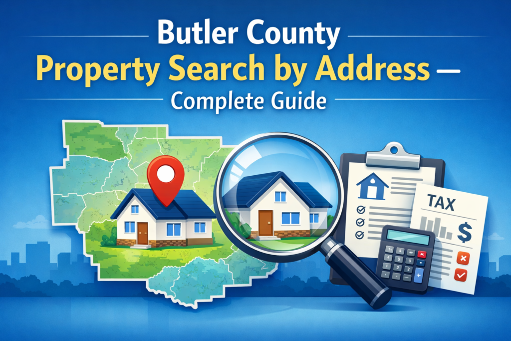 "Official Butler County Auditor Property Search portal interface showing real estate records, parcel search tools, and GIS mapping for Butler County, Ohio.