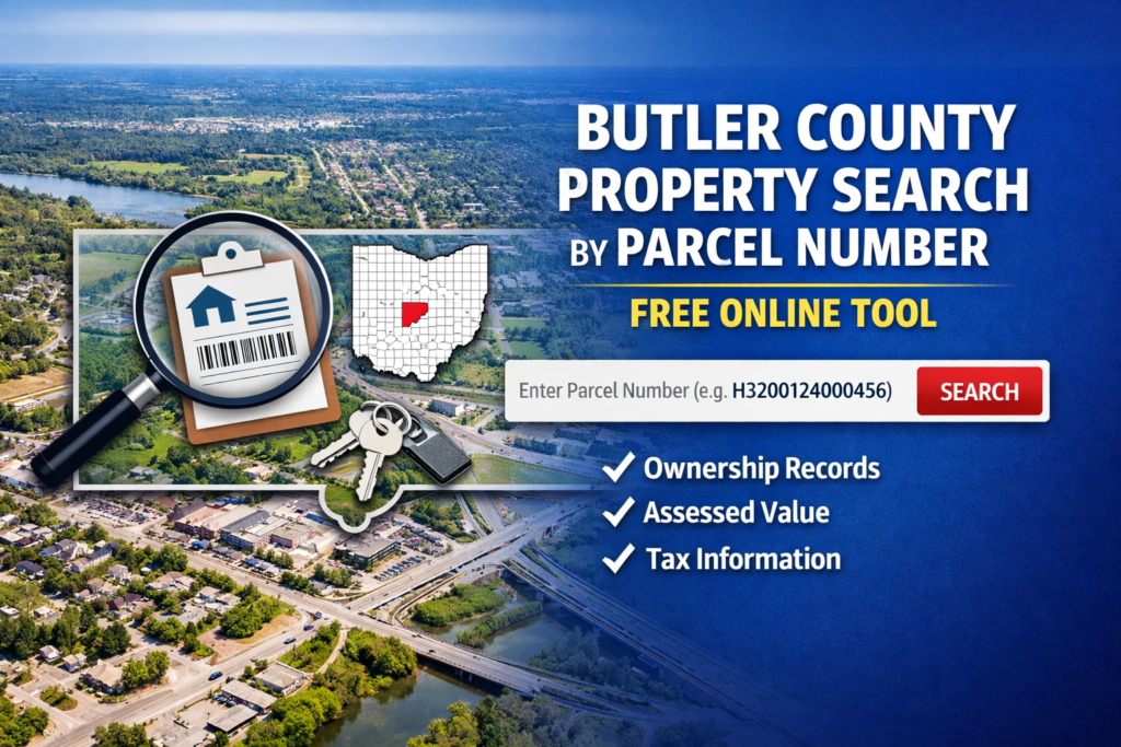 Butler County Auditor Property Search portal showing parcel search by number and owner name in Butler County, Ohio.
