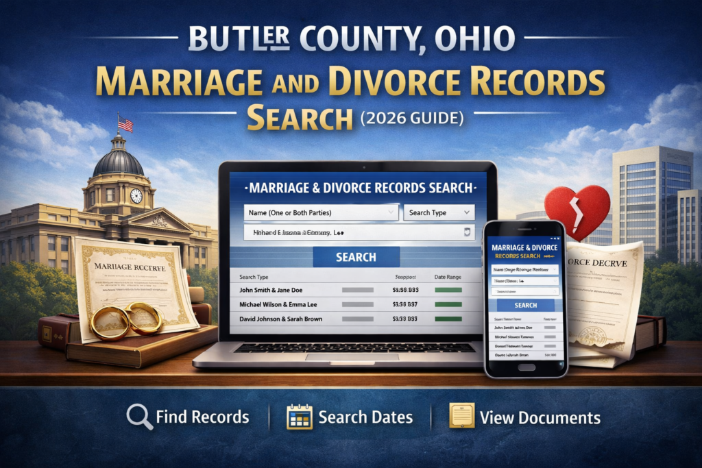 Illustration showing Butler County Ohio marriage and divorce records search tool with courthouse, wedding rings, divorce decree, and online case lookup interface