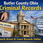 Digital composite showing Butler County courthouse, criminal record file, handcuffed hands, and online criminal record search magnifying glass