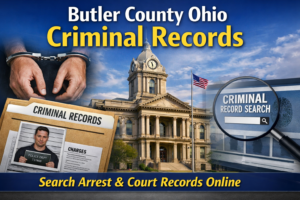 Digital composite showing Butler County courthouse, criminal record file, handcuffed hands, and online criminal record search magnifying glass