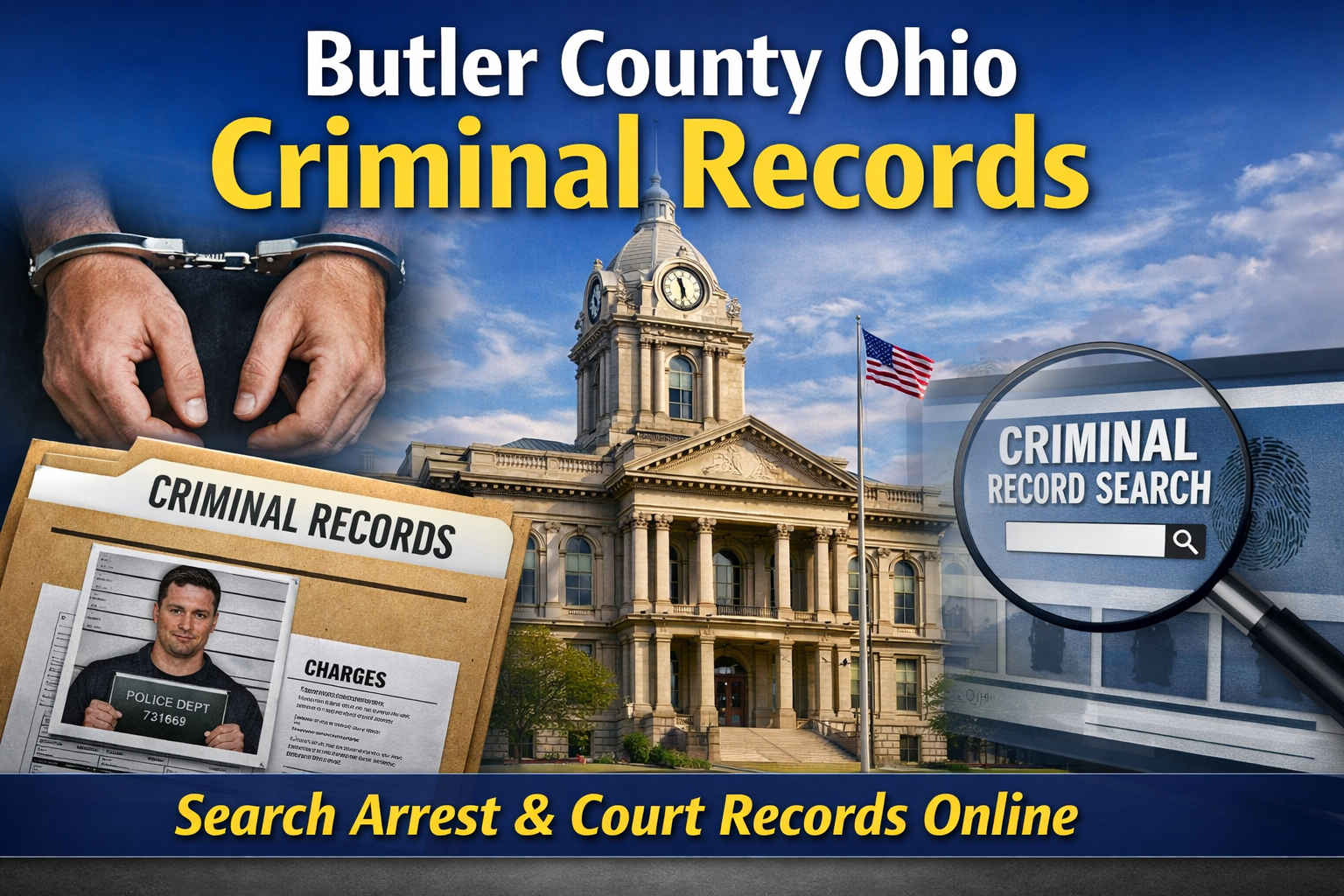Digital composite showing Butler County courthouse, criminal record file, handcuffed hands, and online criminal record search magnifying glass