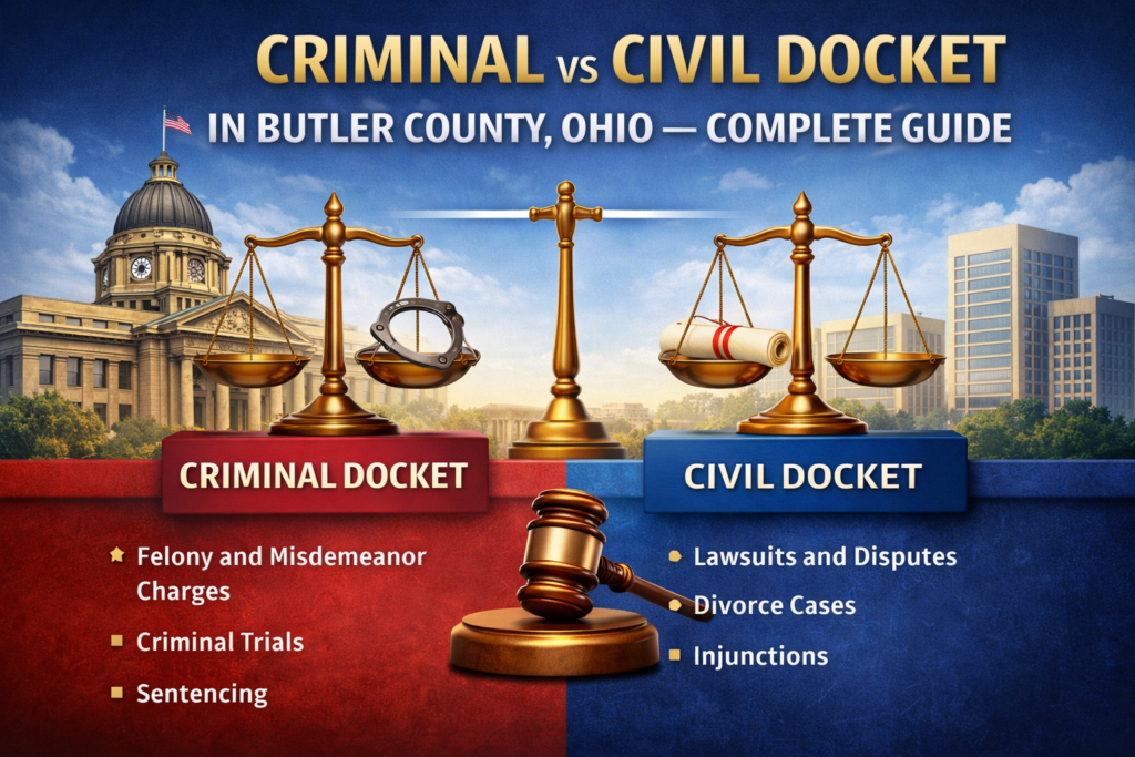 Comparison of criminal and civil court dockets in Butler County Ohio showing differences between felony charges, trials, lawsuits, and legal disputes
