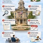 Infographic explaining how to file a property value complaint in Butler County, Ohio, including deadlines, DTE Form 1, and Board of Revision steps.