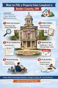 Infographic explaining how to file a property value complaint in Butler County, Ohio, including deadlines, DTE Form 1, and Board of Revision steps.