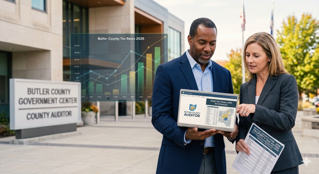 Butler County Auditor officials reviewing 2026 property tax rates and district levy data outside the Butler County Government Center.