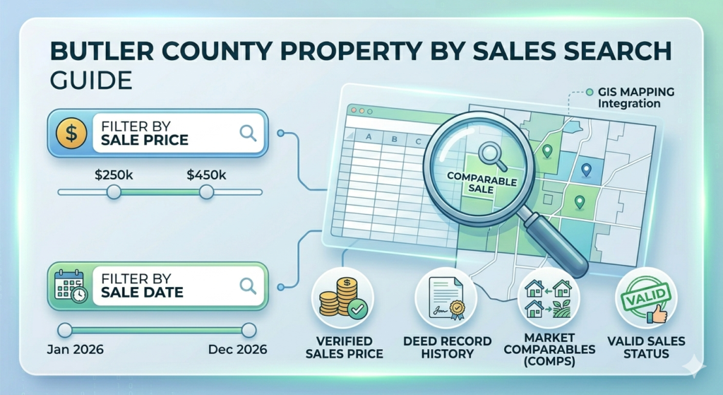Butler County Property by Sales Search guide with filters for sale price, date range, and market comparables for 2026