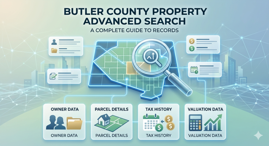Butler County Property Advanced Search features including owner data, parcel details, tax history, and valuation records.