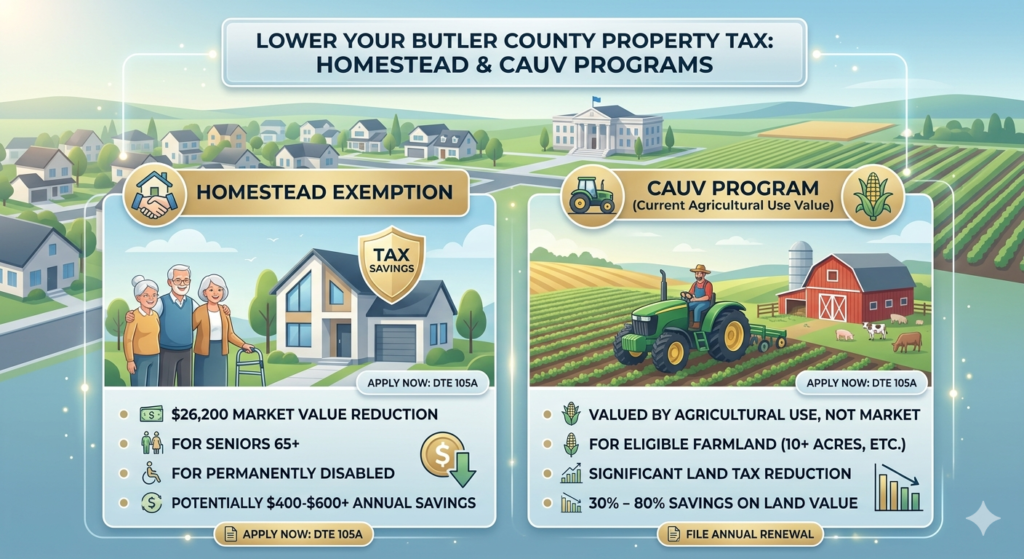 how to lower Butler County property tax through Homestead Exemption for seniors and CAUV programs for farmers.
