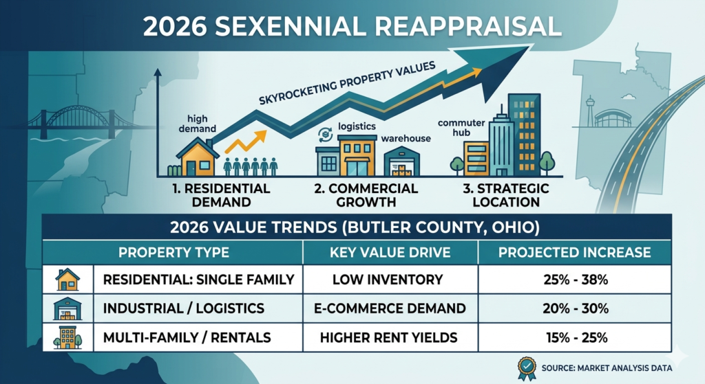 2026 Butler County Sexennial Reappraisal property value trends, highlighting skyrocketing prices in residential and commercial sectors.