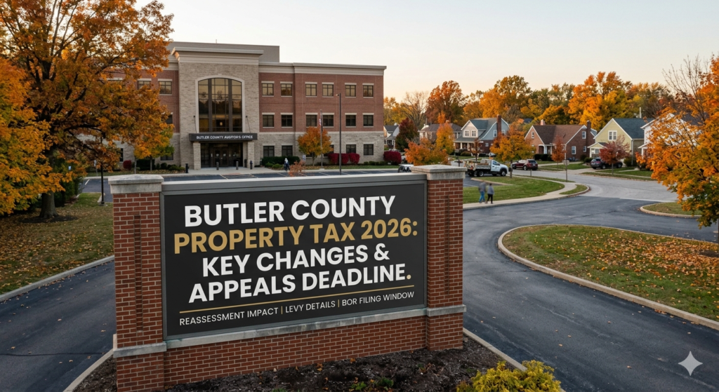 Butler County property tax 2026 increase explanation and auditor office building sign.