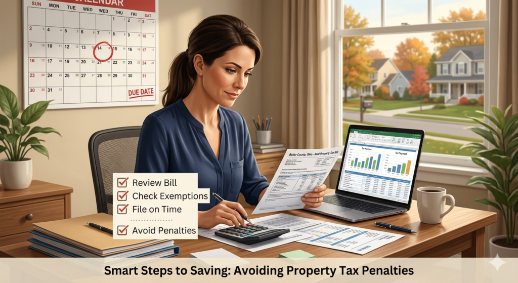 A homeowner reviewing a Butler County property tax bill next to a calendar highlighting deadlines and late penalties.